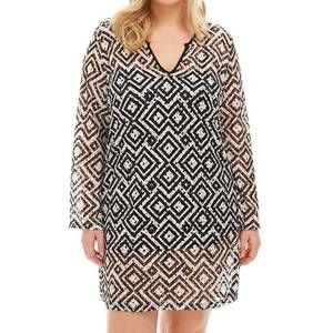 NEW ALWAYS FOR ME plus size long sleeve v-neck tunic dress in black and white ge